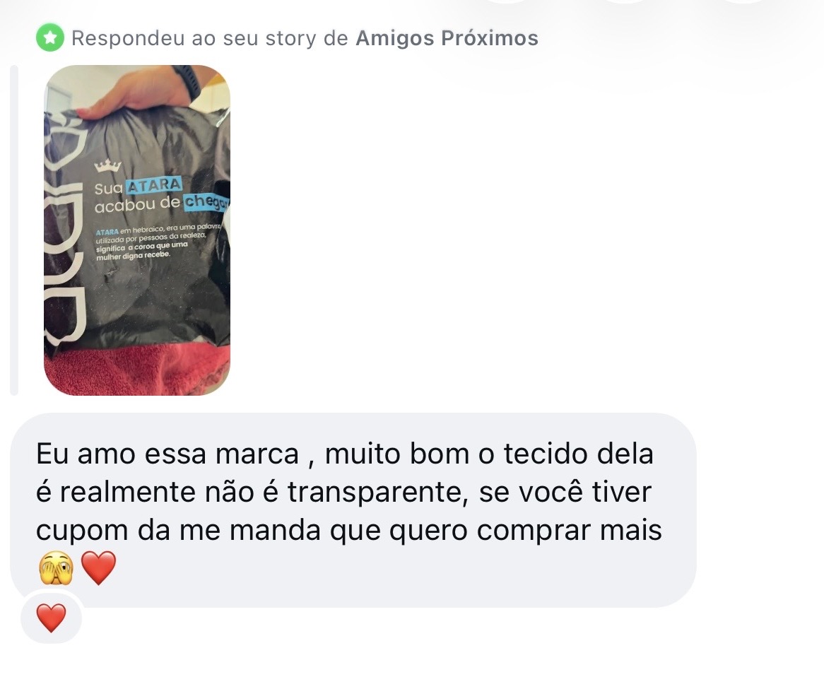 Resposta em DM: 'Eu amo essa marca, muito bom o tecido dela… se tiver cupom me manda que quero comprar mais'