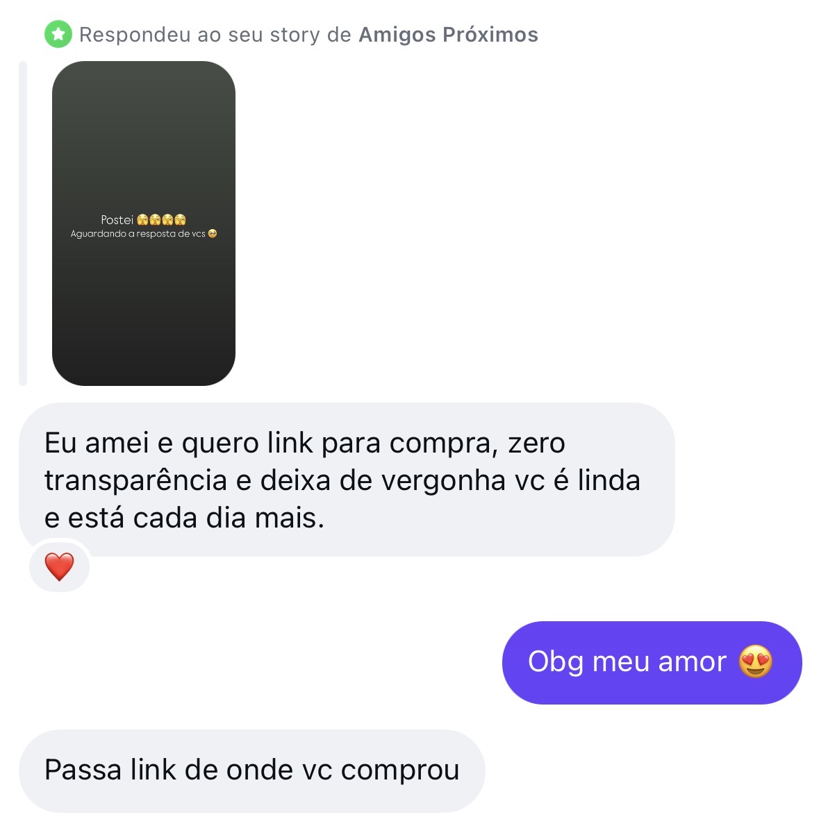 Resposta em DM: 'Eu amei e quero link para compra… Passa link de onde vc comprou'