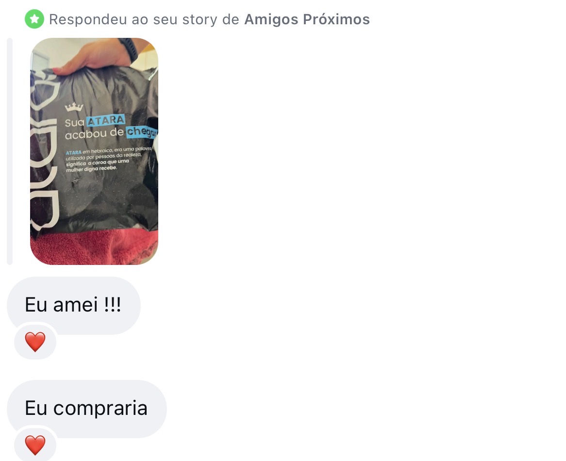 Resposta em DM: 'Eu amei !!! Eu compraria'